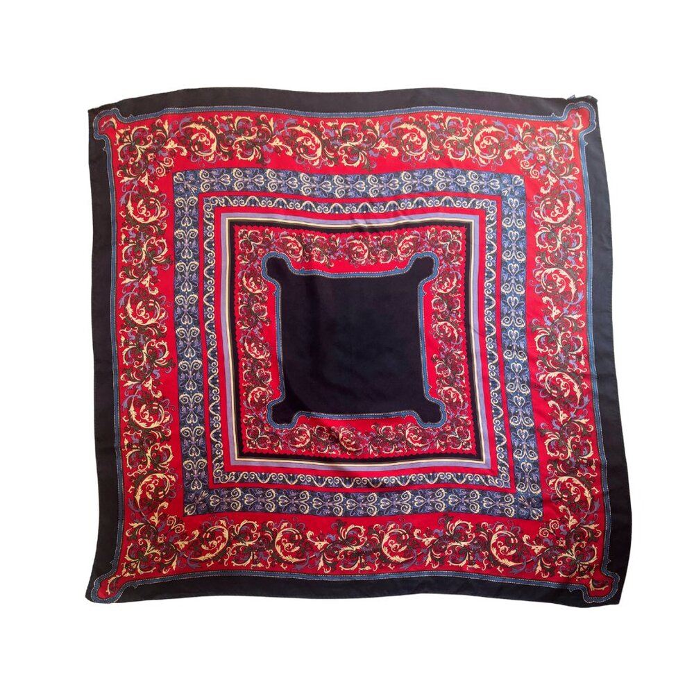 Ginnie Johansen Inc. Silk Scarf Ornate Baroque Print Red Navy Blue Vintage 1988